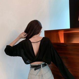 Long-sleeve V-neck Crop Top Black - One Size