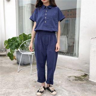 Plain Short-sleeve Cropped Jumpsuit