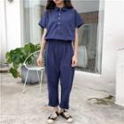 Plain Short-sleeve Cropped Jumpsuit