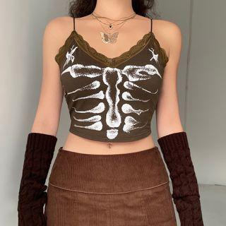 Skeleton Print Lace Trim Camisole Top