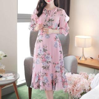 Tie-neck Ruffle-trim Long Floral Dress