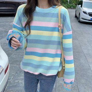 Round-neck Striped Long-sleeve Sweatshirt Stripe - Blue & Yellow - One Size