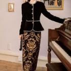 Set: Long-sleeve Buttoned Peplum Top + Print Midi A-line Skirt