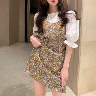 Puff-sleeve Plain Blouse / Sleeveless Floral Mini Dress