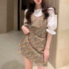 Puff-sleeve Plain Blouse / Sleeveless Floral Mini Dress