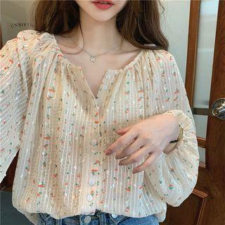 Long-sleeve Button-up Floral Shirt Almond - One Size