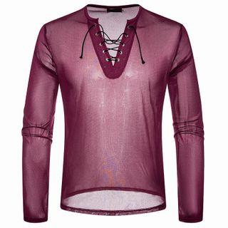 Long-sleeve Lace-up Mesh T-shirt