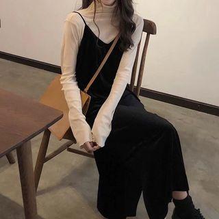 Turtleneck Long-sleeve T-shirt / Plain Midi Spaghetti Strap Dress