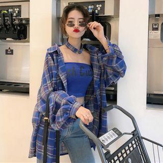 Set: Long-sleeve Plaid T-shirt + Lettering Tube Top