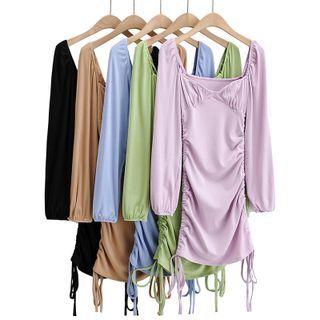 Square-neck Knit Drawstring Midi A-line Dress