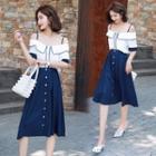 Set: Contrast Trim Short-sleeve Top + High Waist A-line Skirt