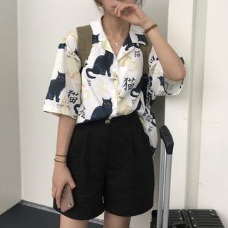 Cat Print Shirt / Wide-leg Shorts