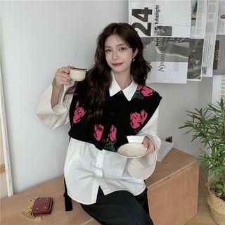 Floral Cropped Sweater Vest / Long-sleeve Shirt