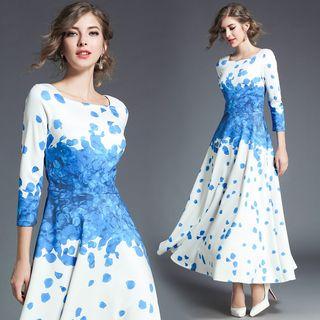 Elbow-sleeve Floral Print Crewneck A-line Sheath Dress