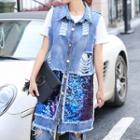Sleeveless Sequin Paneled Ripped Buttoned Long Denim Jacket