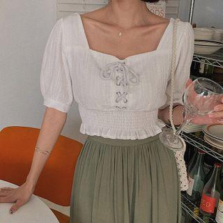 Lace-up Smocked Cropped Blouse One Size