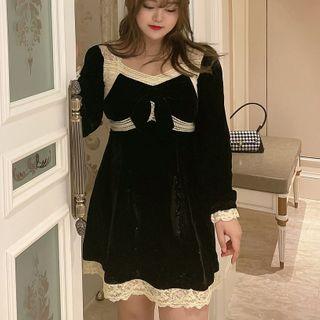 Lace Trim Velvet Mini A-line Dress