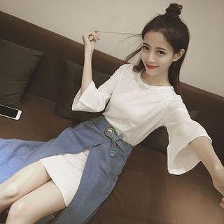 Set: Crew-neck 3/4-sleeve T-shirt Dress + Denim Midi Skirt