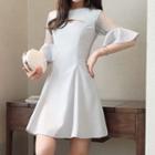 Mesh Panel Cut Out Front Elbow Sleeve Dress