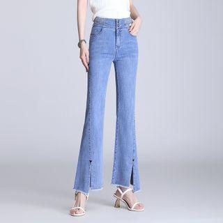 High-waist Frayed   Denim Bell-bottom Pants