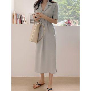 Short-sleeve Notch Lapel Midi A-line Shirtdress