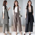 Set: Long Sleeve T-shirt + Plaid Vest + Wide-leg Pants