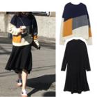 Color Block Sweater / Plain Long-sleeve Midi Knit Dress / Set
