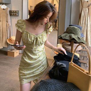 Floral Puff-sleeve Mini Sheath Dress / Midi A-line Dress