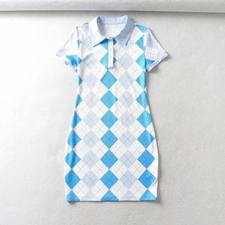 Short-sleeve Polo-neck Argyle Mini Sheath Dress