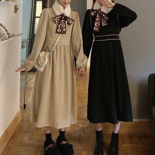 Set: Long-sleeve Contrast Trim Midi A-line Dress + Bow Accent Scarf