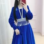Butterfly Embroidered Long-sleeve A-line Midi Velvet Dress