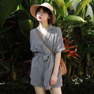 Short-sleeve Plaid Open-collar Playsuit