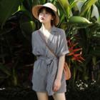Short-sleeve Plaid Open-collar Playsuit