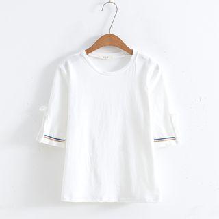 Contrast Trim Elbow-sleeve T-shirt White - One Size