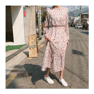 Floral Patterned Gathered-waist Chiffon Long Dress