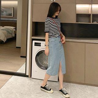 Short-sleeve Striped T-shirt / Slit Denim Midi A-line Skirt / Set