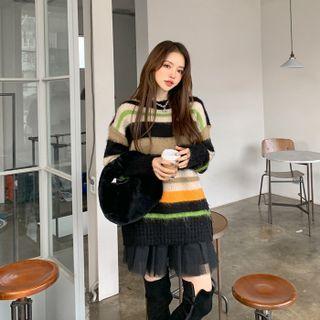 Drop-shoulder Color-block Fluffy Sweater