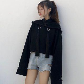 Tasseled Frog-buttoned Chinese Character Print Hoodie Black - One Size