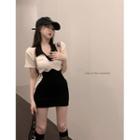 Set: Halter Two-tone Mini Sheath Dress + Short-sleeve Shrug Set - Almond & Black - One Size