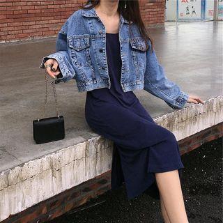 Denim Jacket / Spaghetti-strap Slim Fit Plain Dress