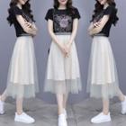 Set: Short-sleeve Printed T-shirt + Floral Print Midi A-line Mesh Skirt
