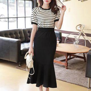 Stripe-panel Maxi Mermaid T-shirt Dress