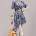 Set: Short-sleeve Open-collar Floral Print A-line Dress + Belt