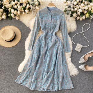 Stand Collar Floral Lace Midi A-line Shirtdress