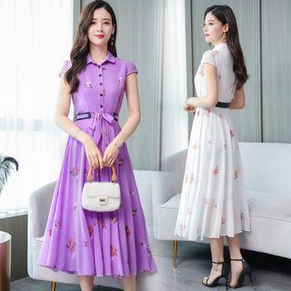 Embroidered Cap-sleeve A-line Shirtdress