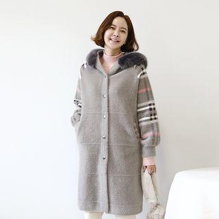 Faux-fur Hooded Plaid-panel Knit Coat