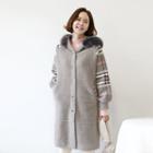 Faux-fur Hooded Plaid-panel Knit Coat