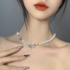 Bow Alloy Faux Pearl Choker White & Silver - One Size