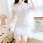 Flower Embroidered Elbow-sleeve Mini A-line Lace Dress