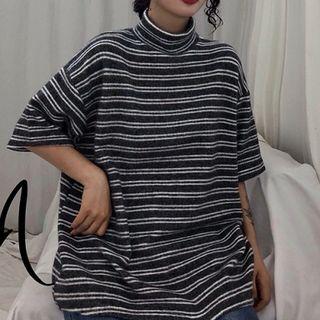 Color-block Striped Mock-neck Short-sleeve Top
